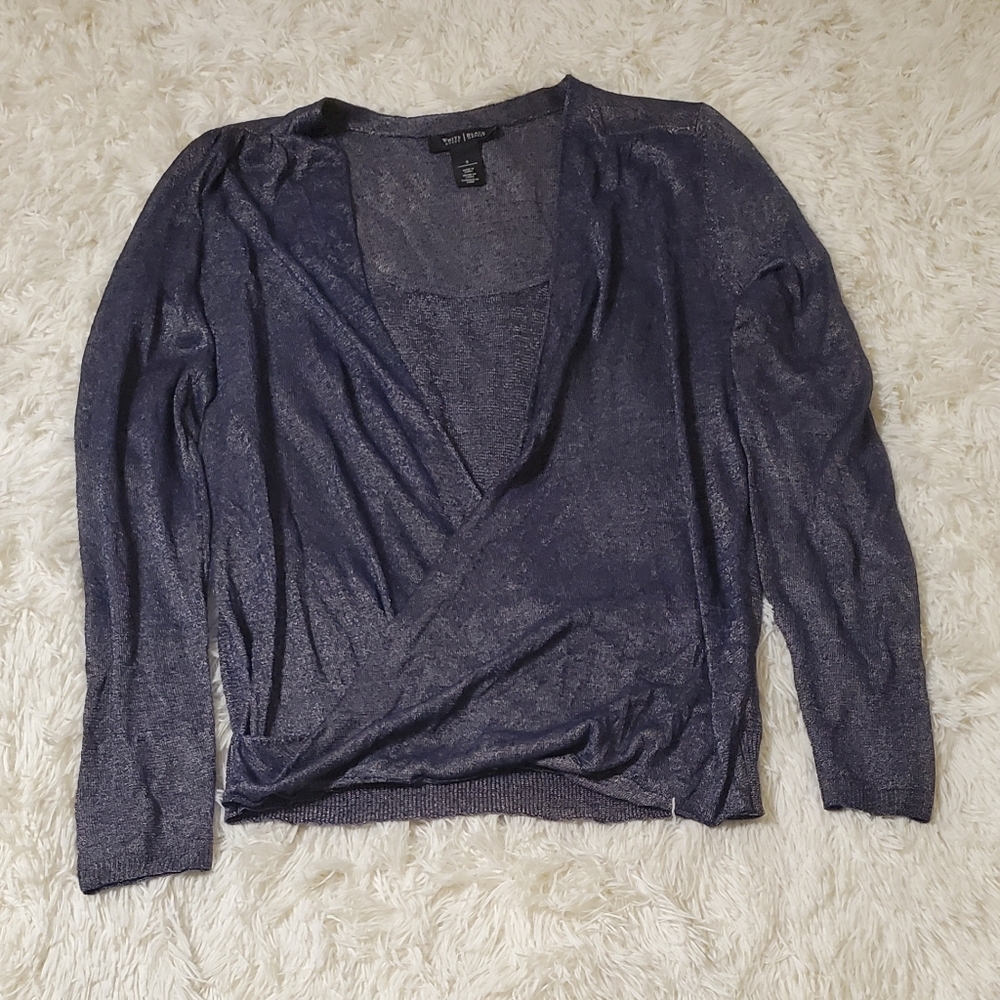 White House Black Market Women Small, Navy Sweater Long Sleeve Cross Layered Top